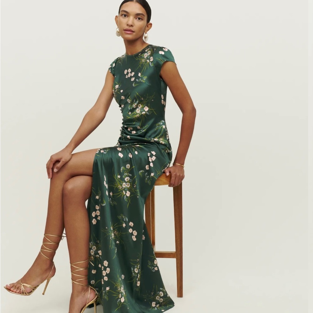 Reformation Green Birch Silk Dress